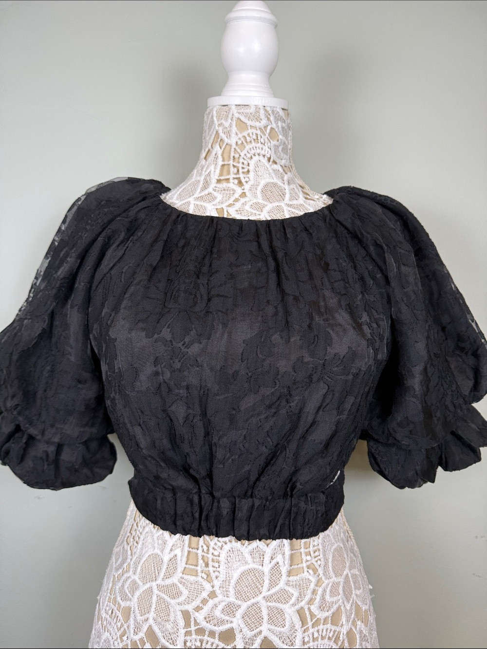 Etiquette Black Burnout Floral Blouse Sheer Smocked Elastic Waist Top Size S